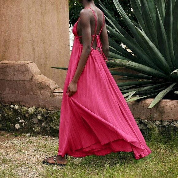 Hot Pink Fuchsia Bohemian Women's Sleeveless Spaghetti Strap Mini Dress - Picture 7 of 9